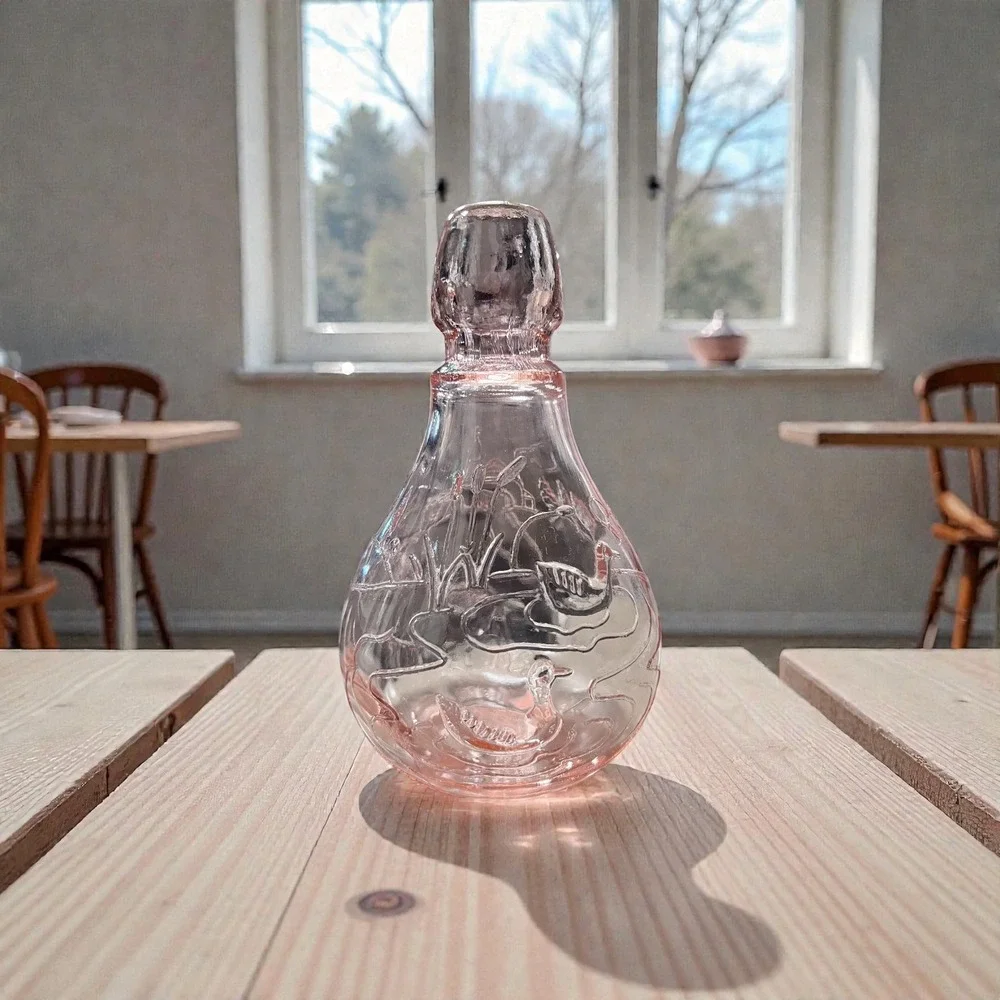 Vintage Pink Glass Casadis Milano Embossed Horse Ducks Castle Juice Decanter